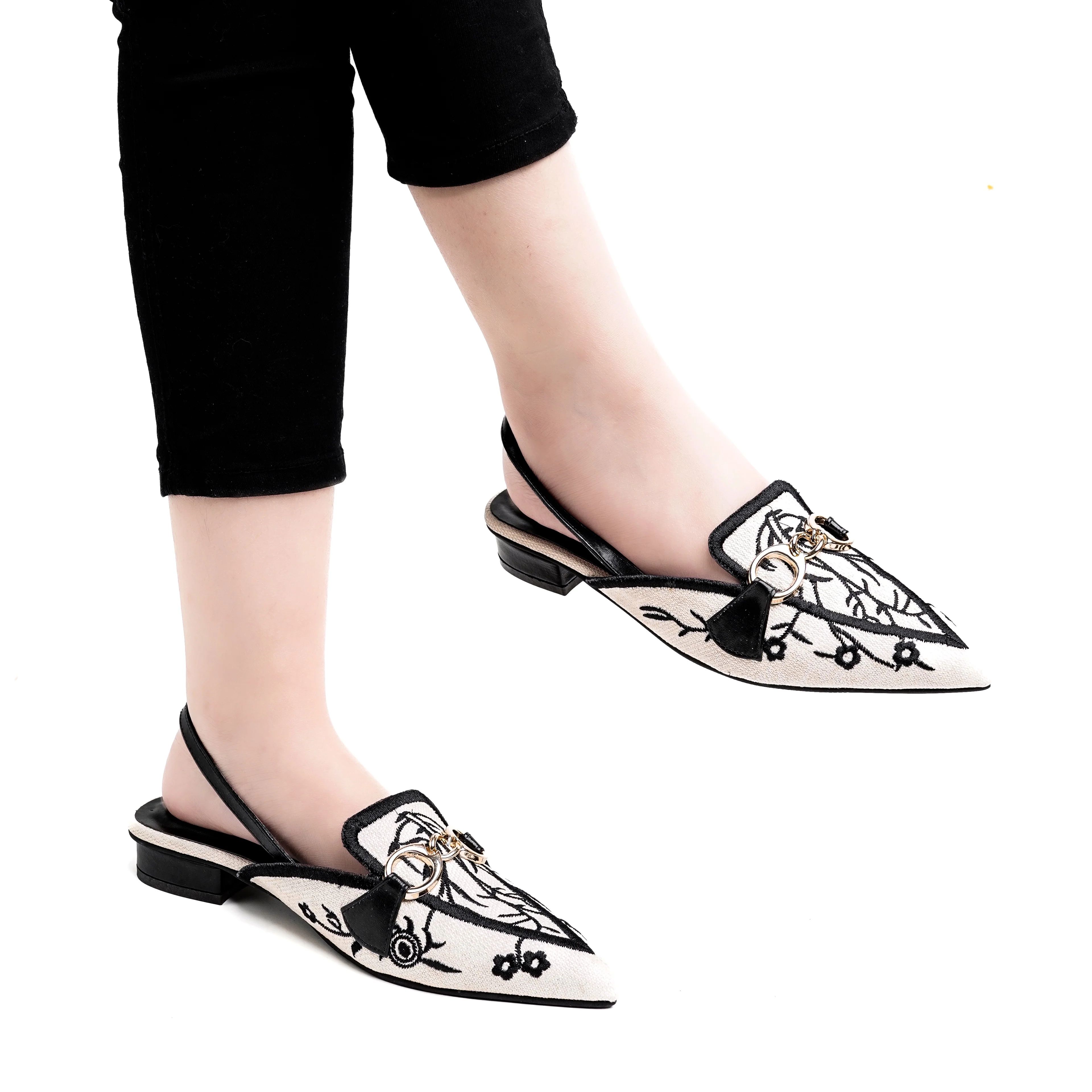 Canvas Floral Embroidered Chain Slingback Black - Image 10