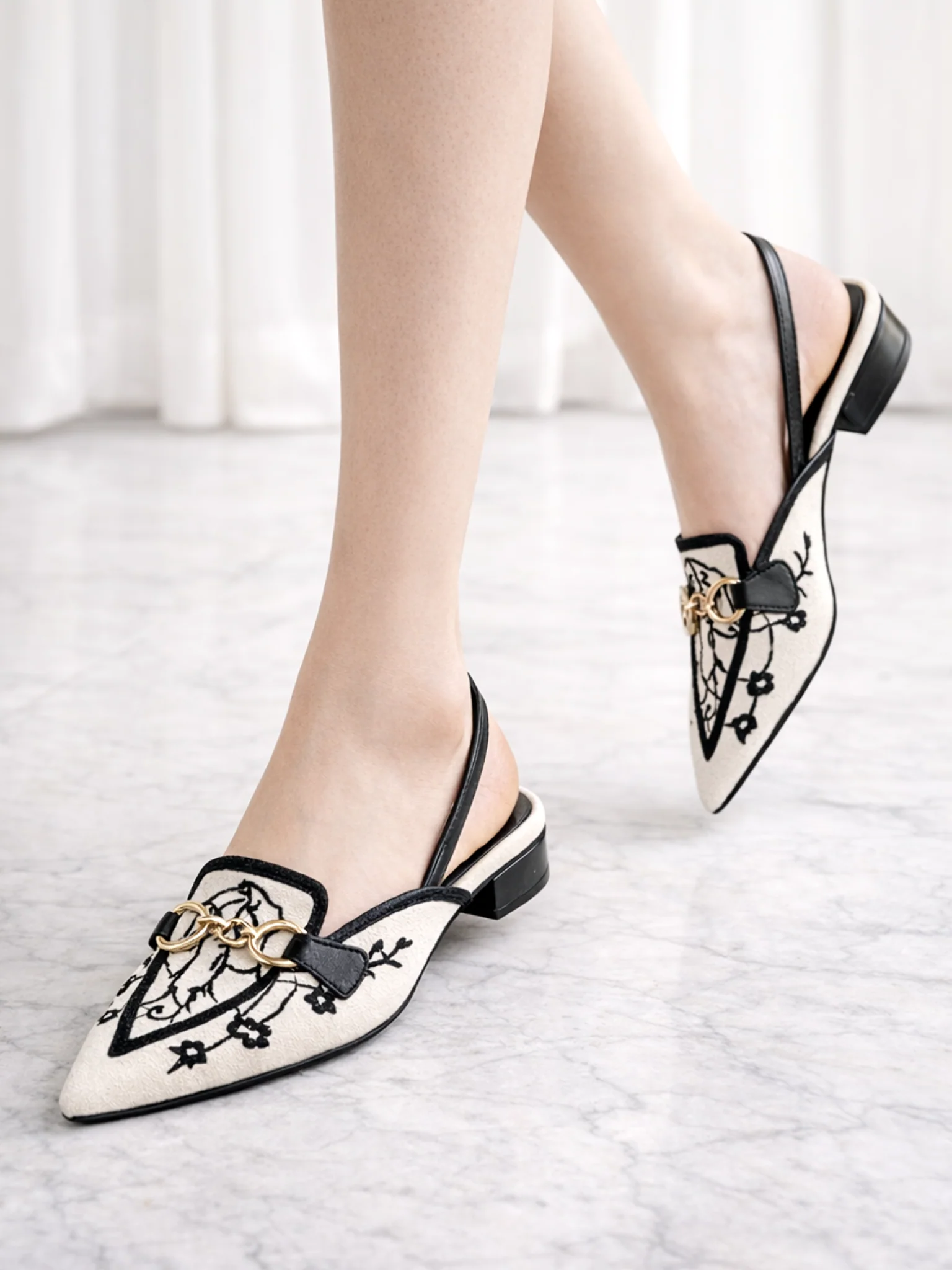 Canvas Floral Embroidered Chain Slingback Black - Image 11