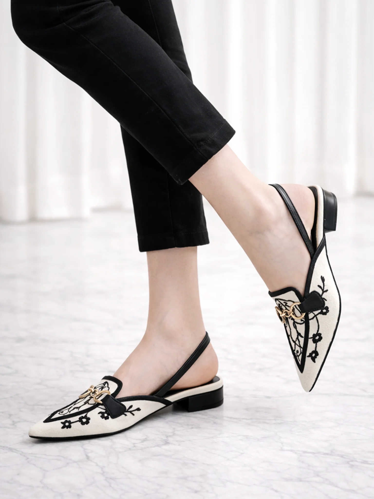 Canvas Floral Embroidered Chain Slingback Black - Image 4
