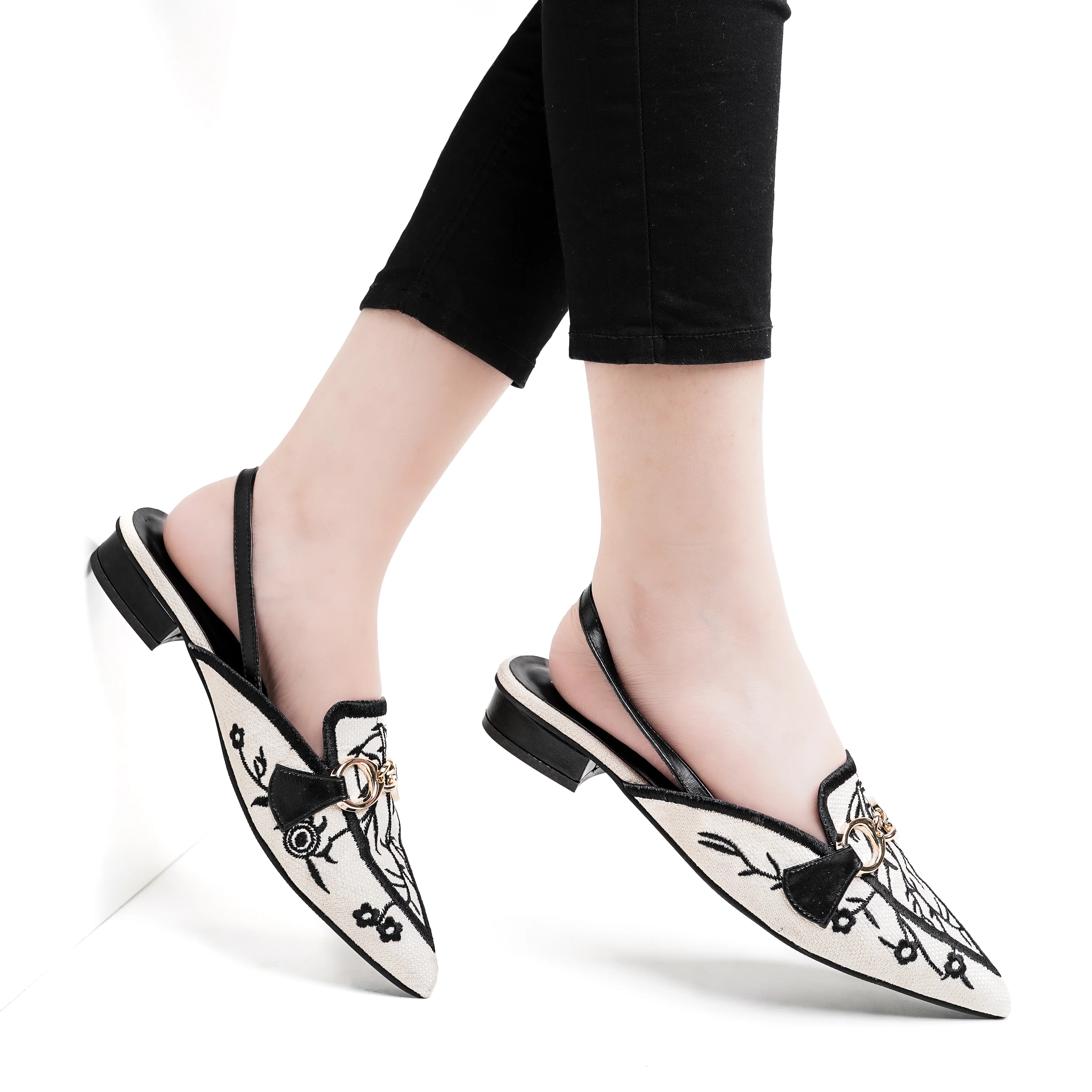 Canvas Floral Embroidered Chain Slingback Black - Image 5