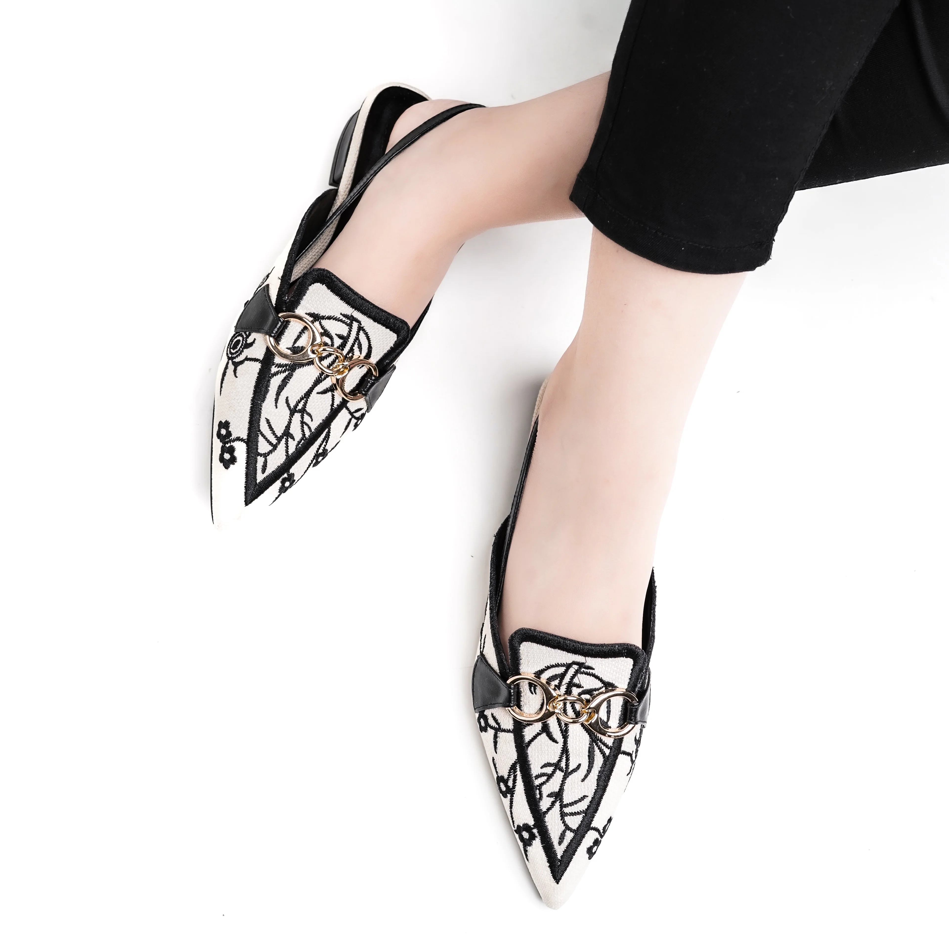 Canvas Floral Embroidered Chain Slingback Black - Image 6