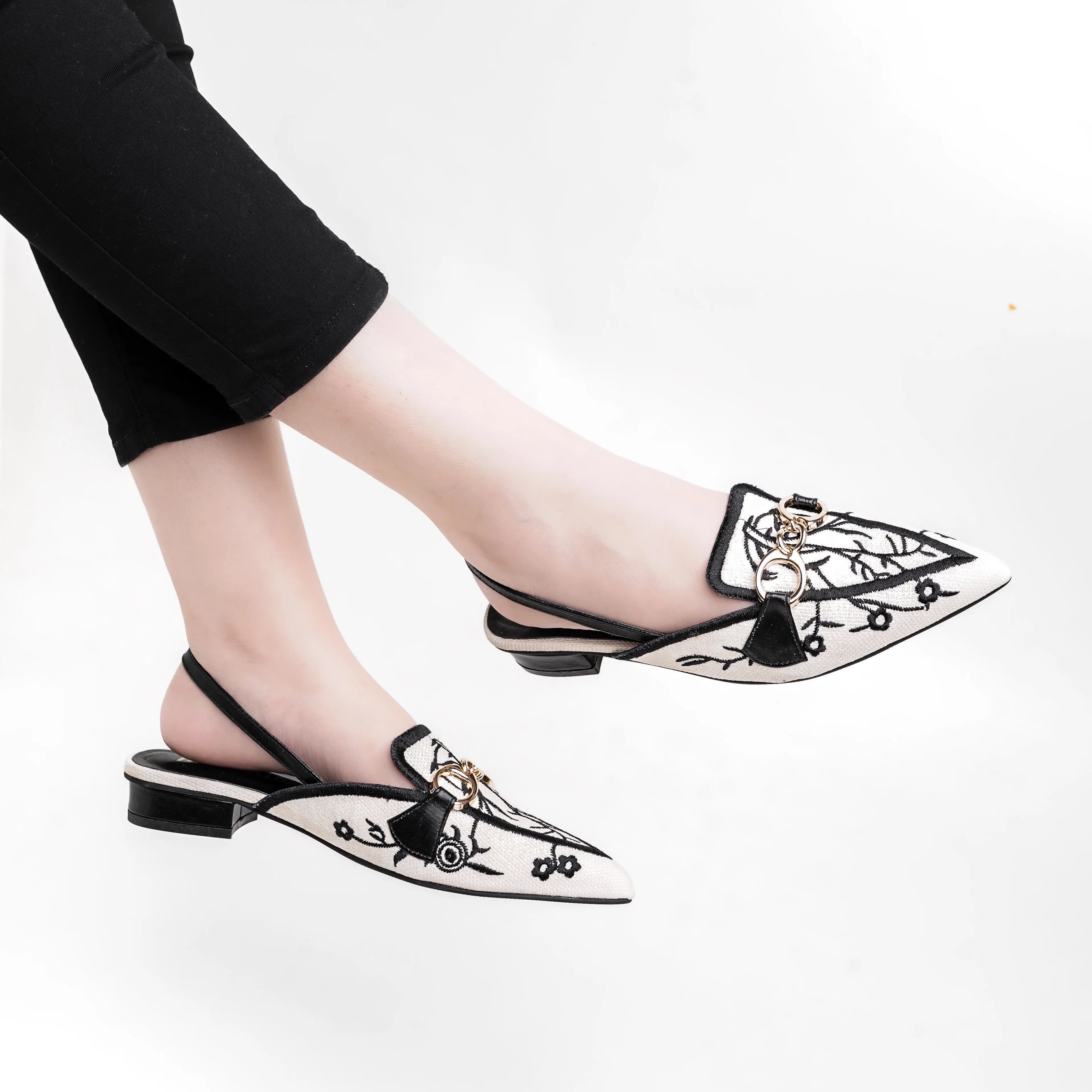 Canvas Floral Embroidered Chain Slingback Black - Image 7