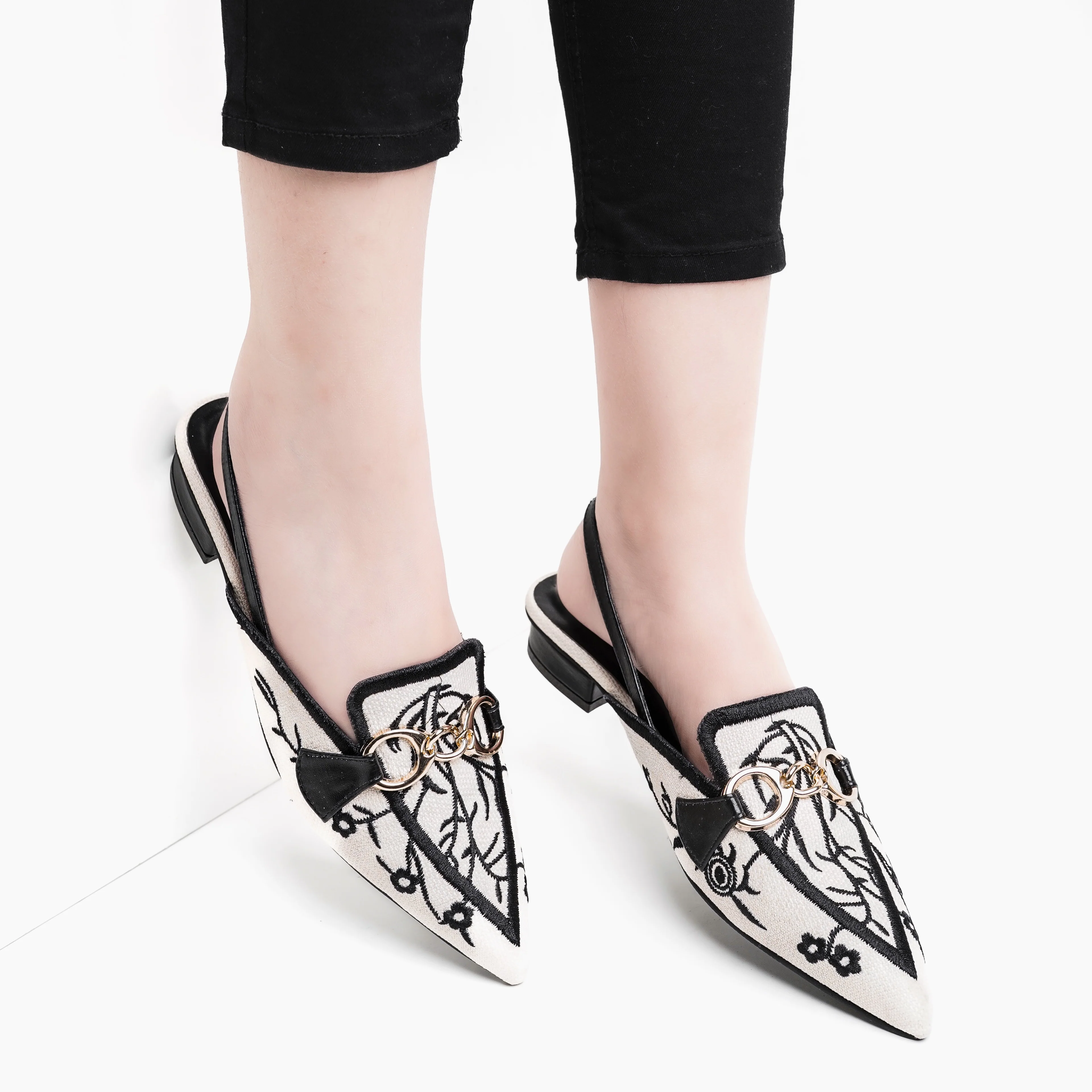 Canvas Floral Embroidered Chain Slingback Black - Image 8